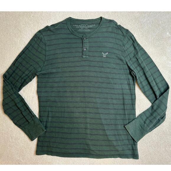 American Eagle: Pine Green and Navy Striped Henley Shirt - Picture 1 of 6